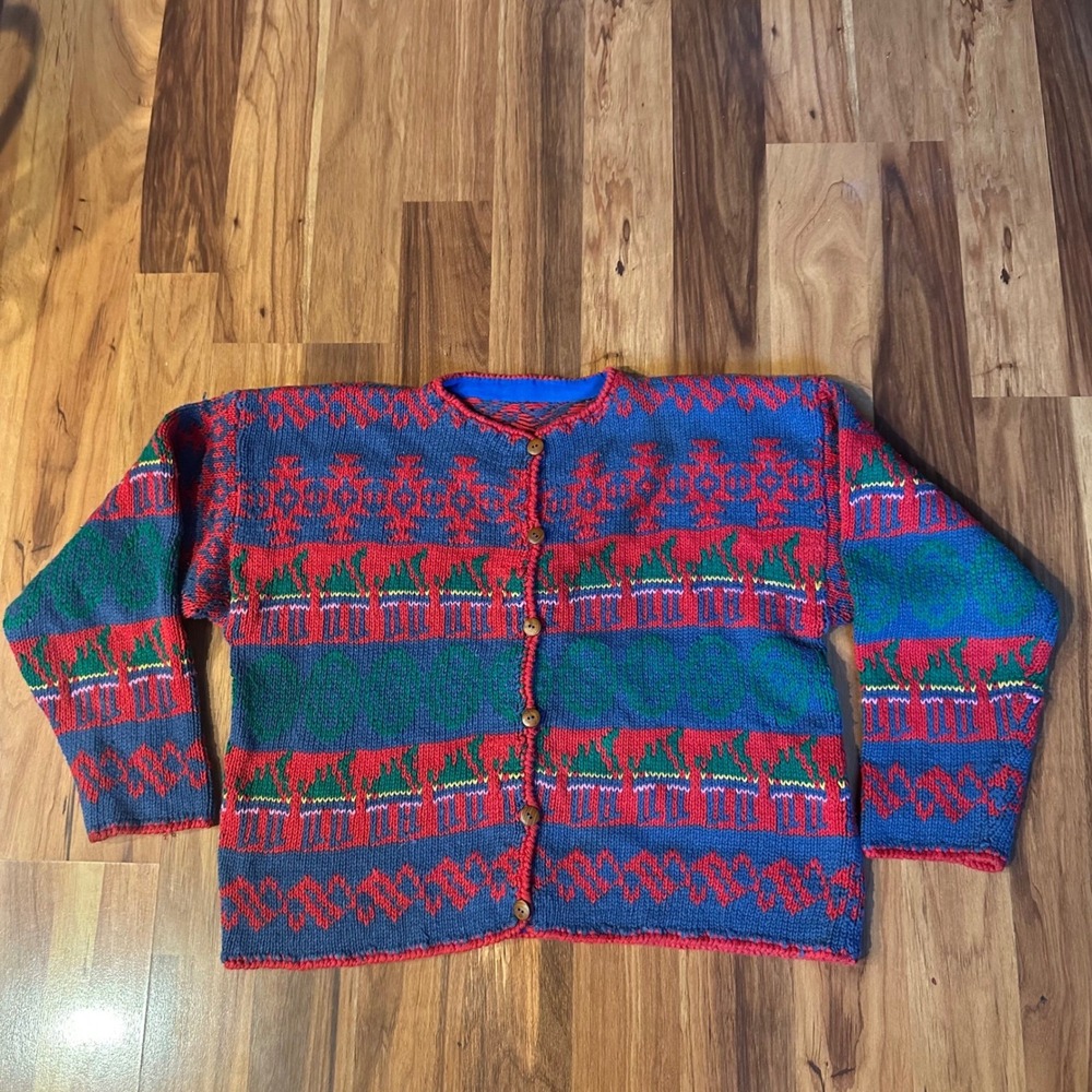 Vintage Christmas Cardigan Sweater Womens Blue Red Green Knit Holiday Festive